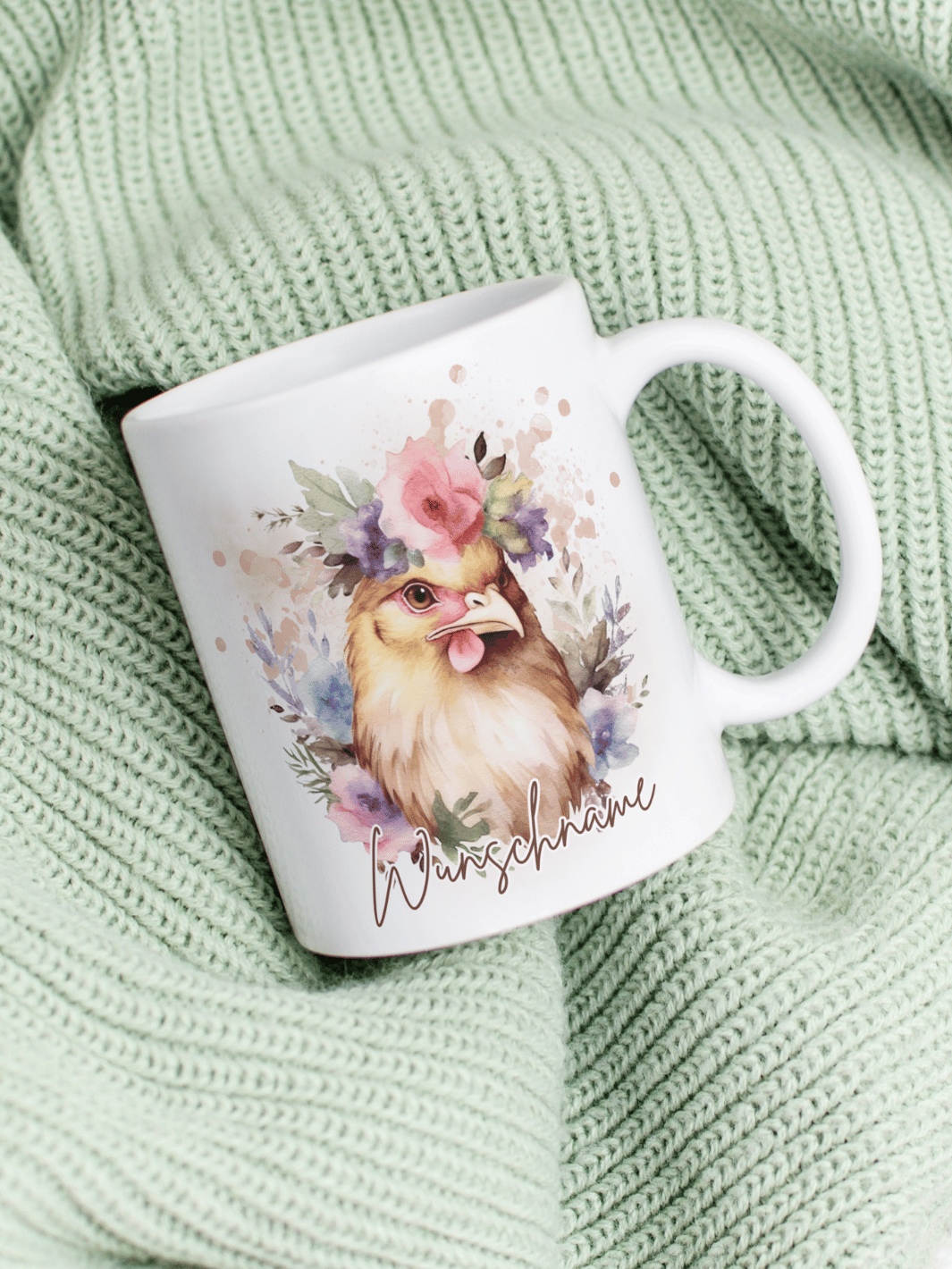 Motiv Huhn - Personalisierbare Keramiktassen, handgefertigt in Deutschland, individuelles Geschenk für Freundin, nachhaltige Tasse für Kaffee oder Tee, liebevoll gestaltetes Motiv, personalisierbar mit Name