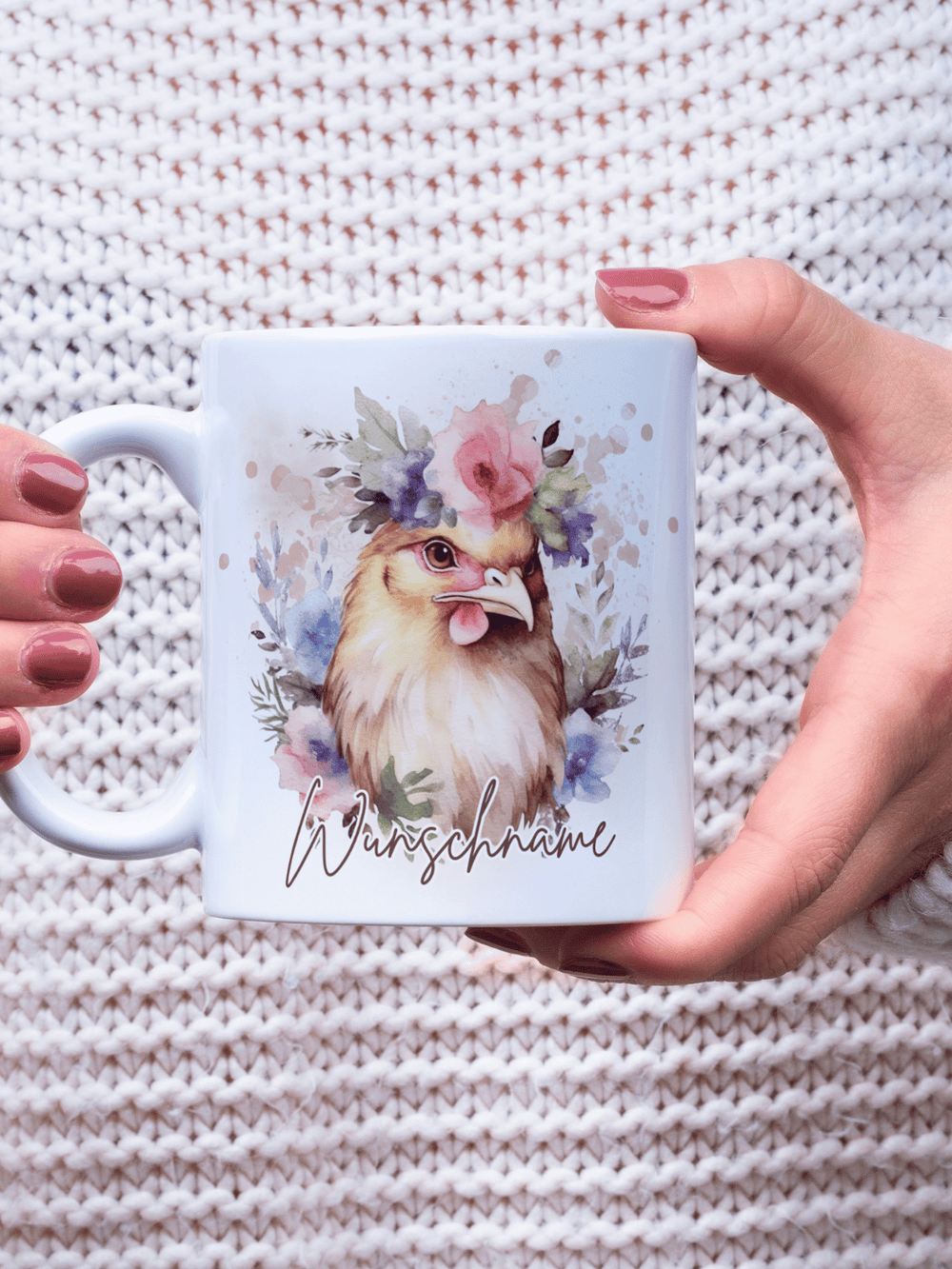 Motiv Huhn - Personalisierbare Keramiktassen, handgefertigt in Deutschland, individuelles Geschenk für Freundin, nachhaltige Tasse für Kaffee oder Tee, liebevoll gestaltetes Motiv, personalisierbar mit Name