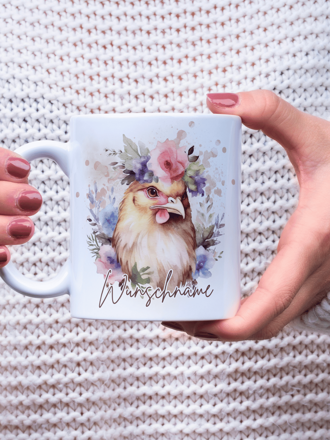Motiv Huhn - Personalisierbare Keramiktassen, handgefertigt in Deutschland, individuelles Geschenk für Freundin, nachhaltige Tasse für Kaffee oder Tee, liebevoll gestaltetes Motiv, personalisierbar mit Name
