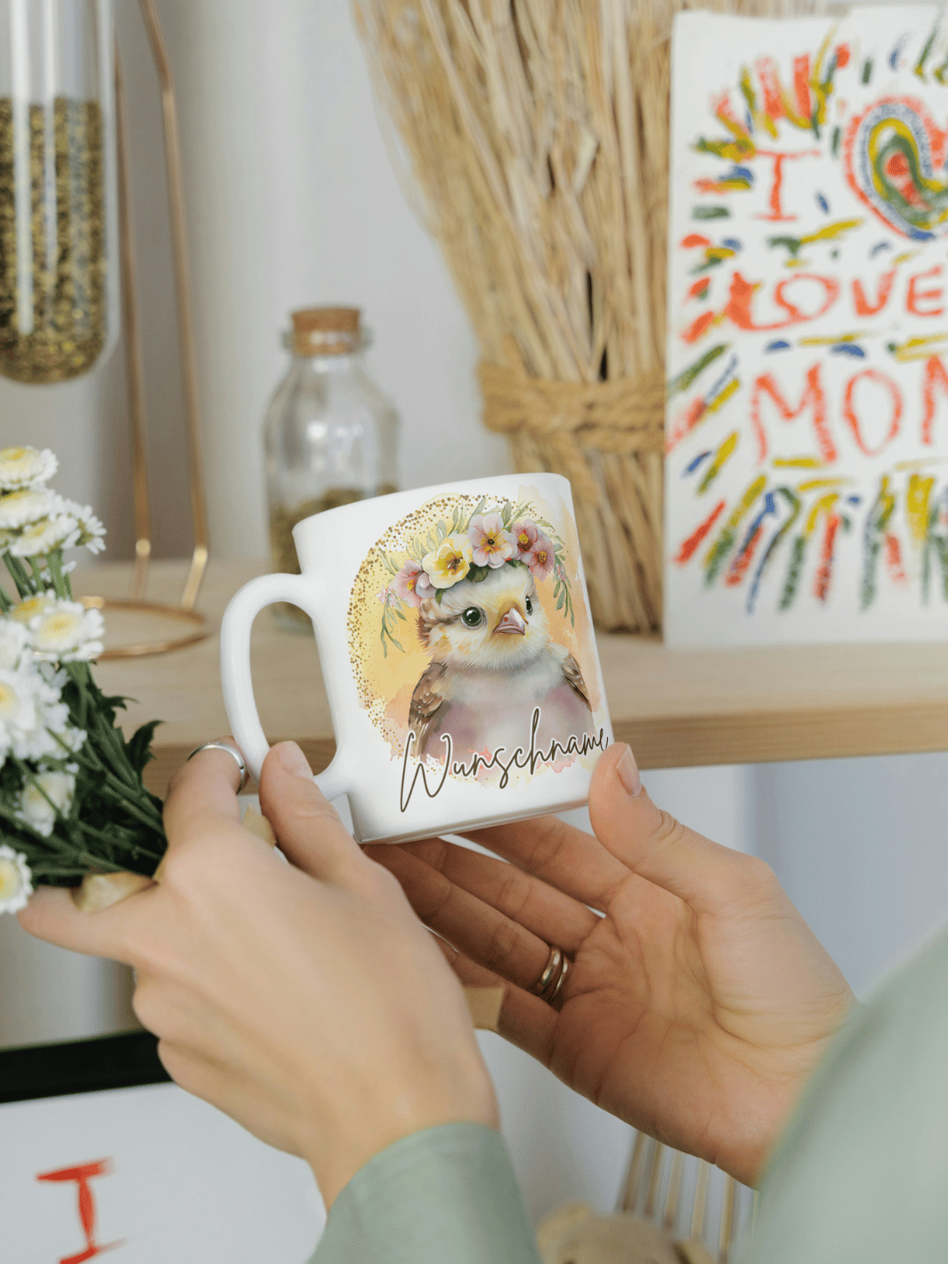 Motiv Küken - Personalisierbare Keramiktassen, handgefertigt in Deutschland, individuelles Geschenk für Freundin, nachhaltige Tasse für Kaffee oder Tee, liebevoll gestaltetes Motiv, personalisierbar mit Name
