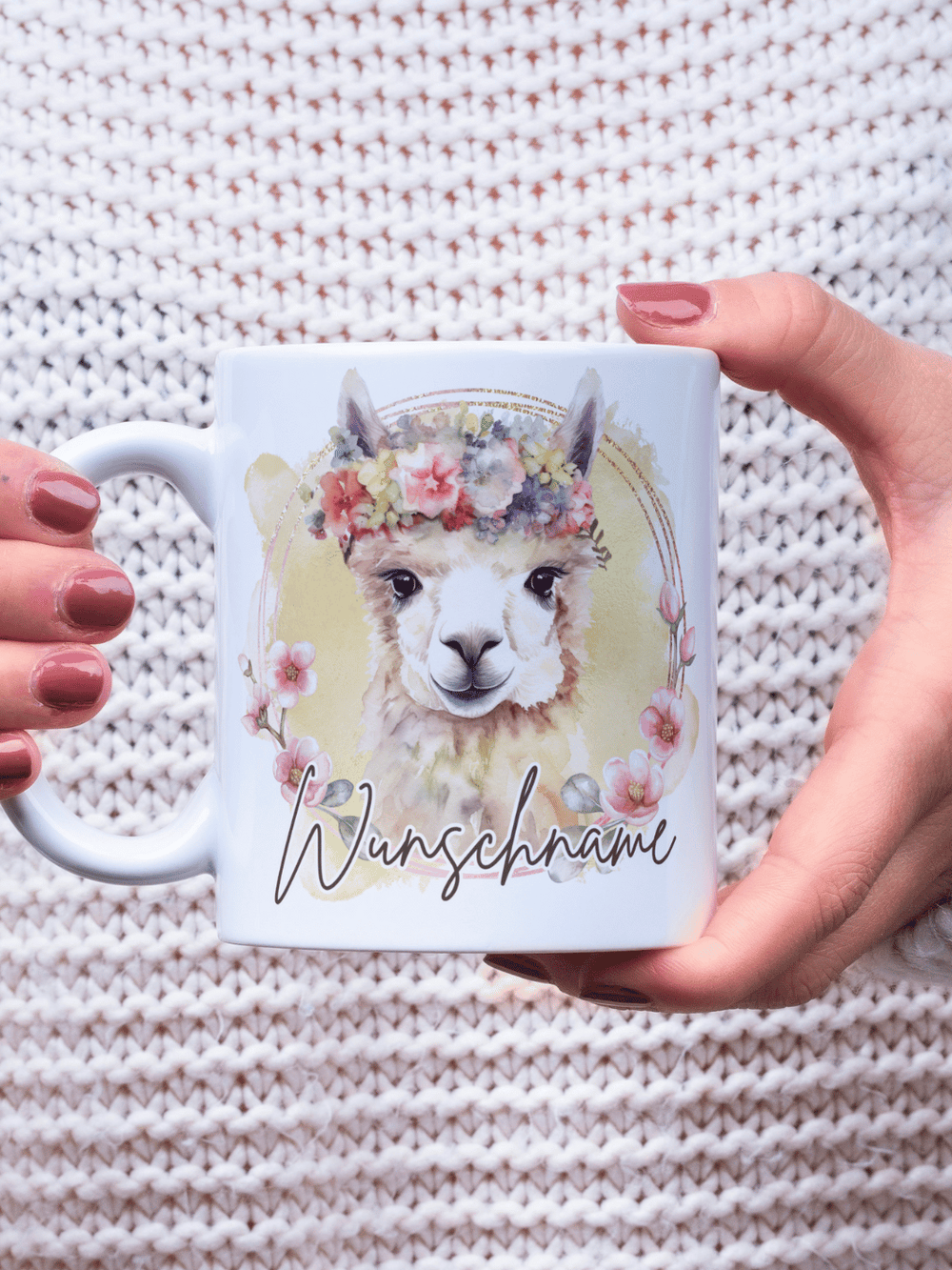 Motiv Lama - Personalisierbare Keramiktassen, handgefertigt in Deutschland, individuelles Geschenk für Freundin, nachhaltige Tasse für Kaffee oder Tee, liebevoll gestaltetes Motiv, personalisierbar mit Name