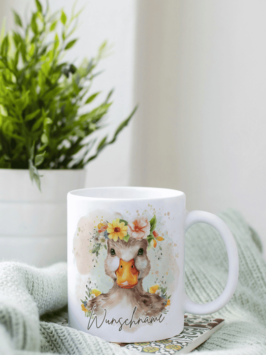 Motiv Ente - Personalisierbare Keramiktassen, handgefertigt in Deutschland, individuelles Geschenk für Freundin, nachhaltige Tasse für Kaffee oder Tee, liebevoll gestaltetes Motiv, personalisierbar mit Name