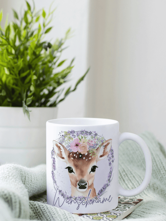 Motiv Reh - Personalisierbare Keramiktassen, handgefertigt in Deutschland, individuelles Geschenk für Freundin, nachhaltige Tasse für Kaffee oder Tee, liebevoll gestaltetes Motiv, personalisierbar mit Name