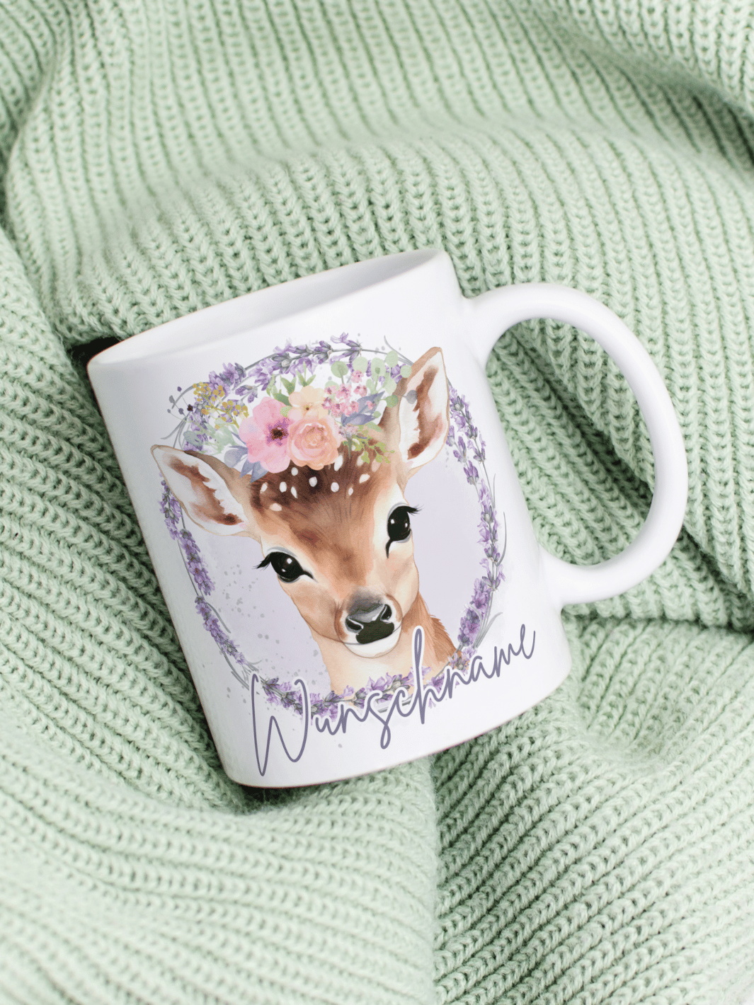 Motiv Reh - Personalisierbare Keramiktassen, handgefertigt in Deutschland, individuelles Geschenk für Freundin, nachhaltige Tasse für Kaffee oder Tee, liebevoll gestaltetes Motiv, personalisierbar mit Name