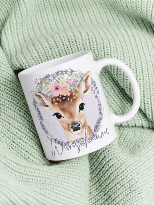 Motiv Reh - Personalisierbare Keramiktassen, handgefertigt in Deutschland, individuelles Geschenk für Freundin, nachhaltige Tasse für Kaffee oder Tee, liebevoll gestaltetes Motiv, personalisierbar mit Name