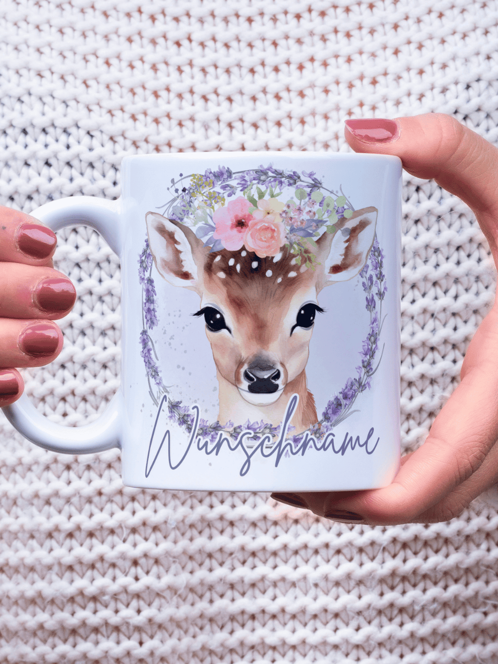 Motiv Reh - Personalisierbare Keramiktassen, handgefertigt in Deutschland, individuelles Geschenk für Freundin, nachhaltige Tasse für Kaffee oder Tee, liebevoll gestaltetes Motiv, personalisierbar mit Name