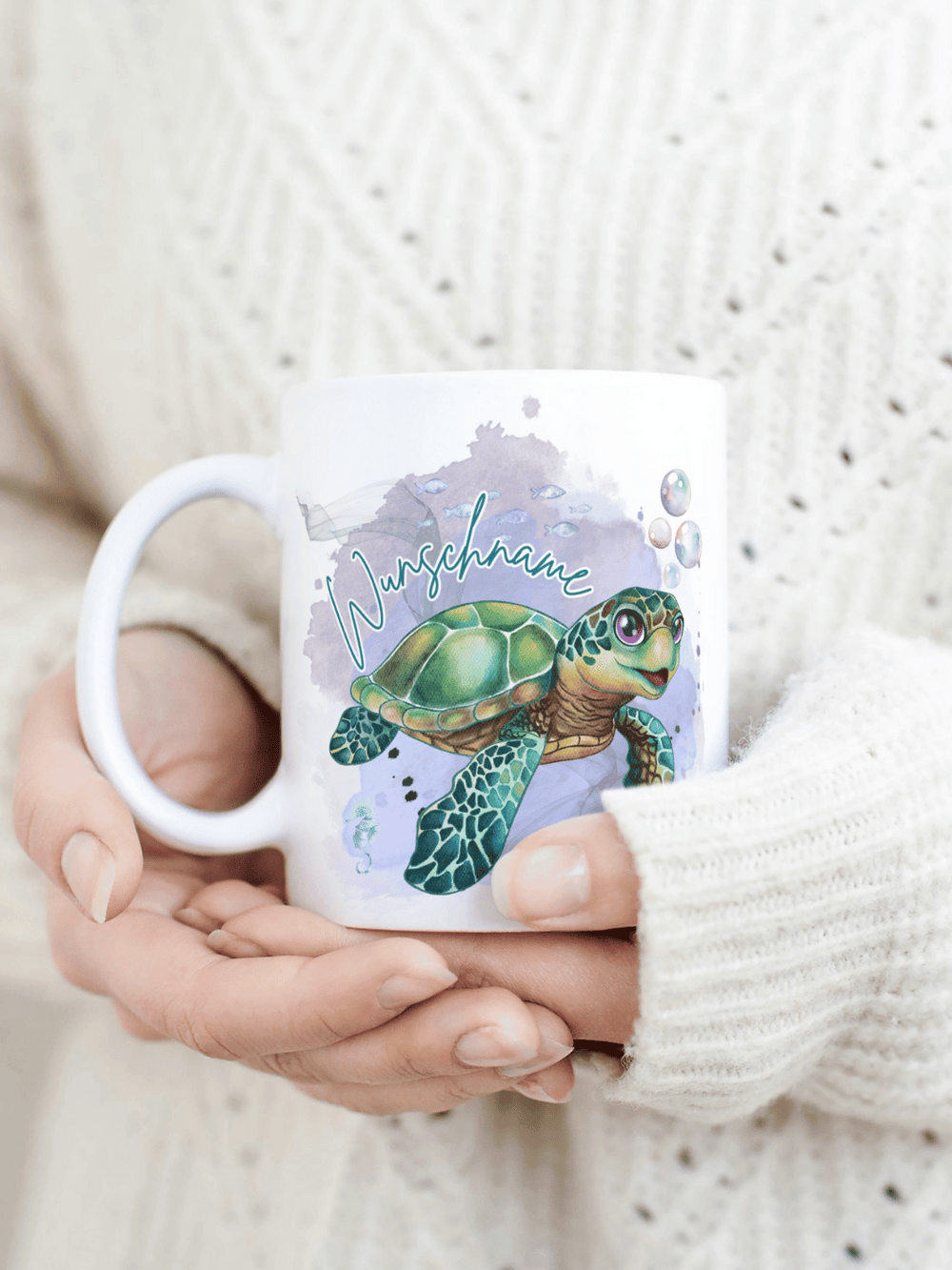 Keramiktasse mit Schildkröte im Aquarellstil – personalisierbar – Geschenk für Naturfreunde und Achtsamkeit