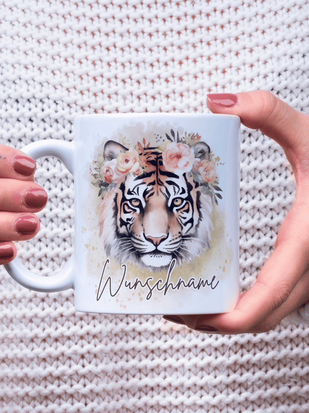 Motiv Tiger - Personalisierbare Keramiktassen, handgefertigt in Deutschland, individuelles Geschenk für Freundin, nachhaltige Tasse für Kaffee oder Tee, liebevoll gestaltetes Motiv, personalisierbar mit Name
