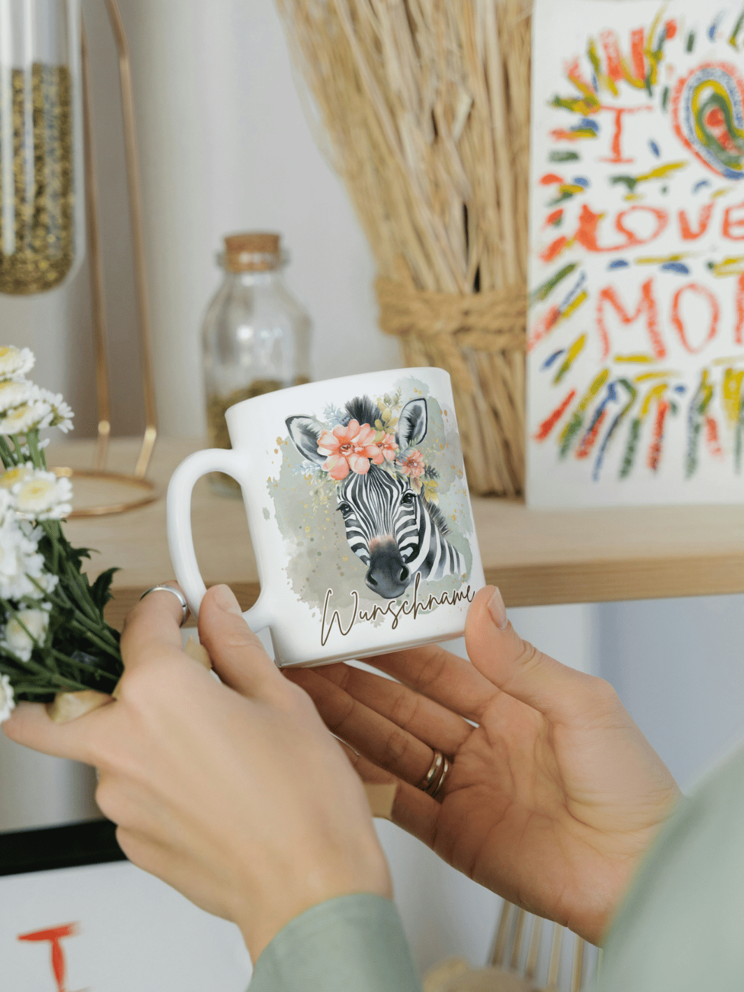 Motiv Zebra - Personalisierbare Keramiktassen, handgefertigt in Deutschland, individuelles Geschenk für Freundin, nachhaltige Tasse für Kaffee oder Tee, liebevoll gestaltetes Motiv, personalisierbar mit Name
