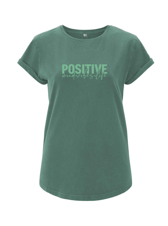 Positiv Mind Vibes Life Damen T-Shirt rolled arms sage green