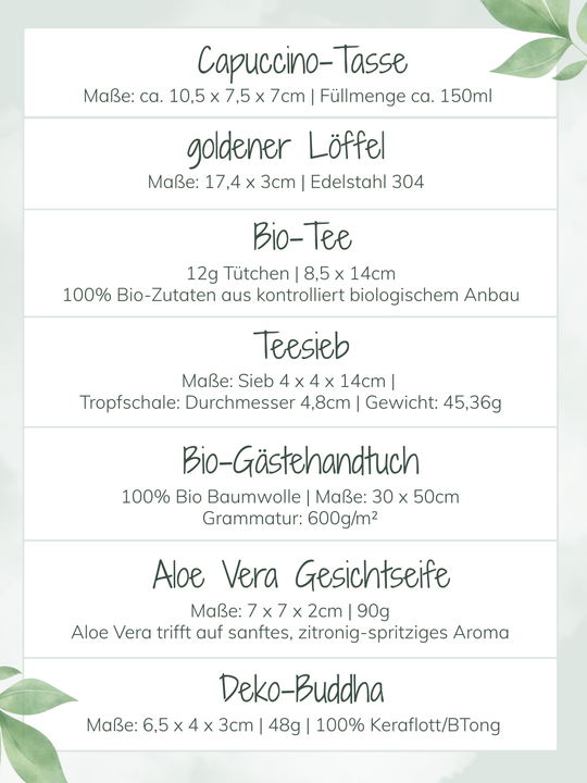 Inhaltsliste Geschenkbox Me-Time von Alles auf Anfang, Geschenke für Herz und Seele. Personalisierbare Geschenkideen für die Freundin, Frau, Mutter,  Kollegin