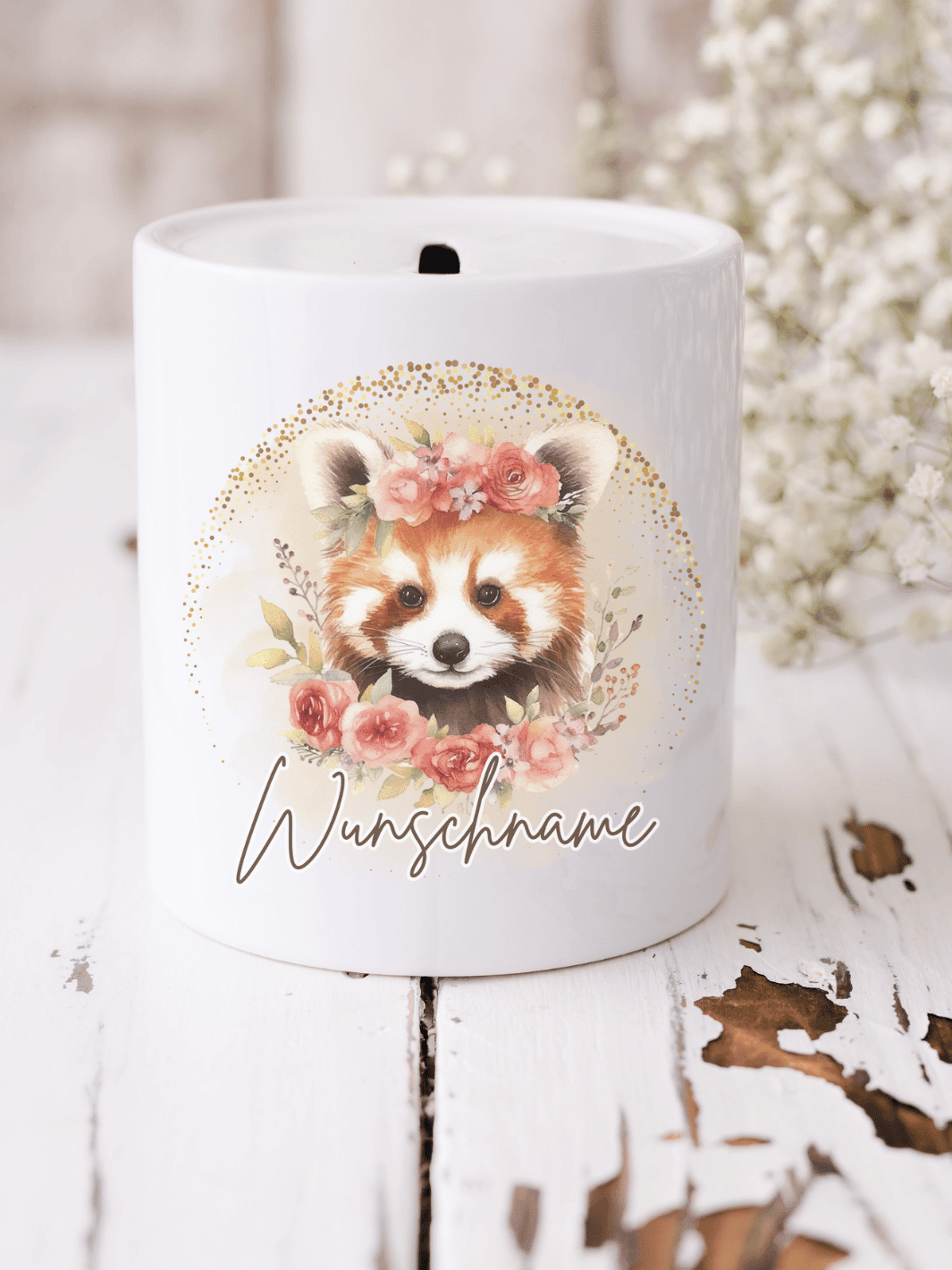 Keramikspardose roter Panda personalisiert mit Name - achtsame Geschenke für Frauen bei Alles auf Anfang, Bedburg NRW