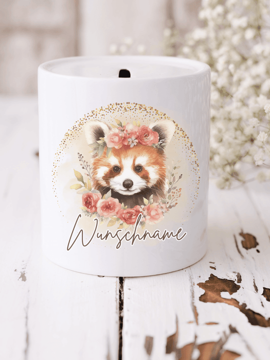 Keramikspardose roter Panda personalisiert mit Name - achtsame Geschenke für Frauen bei Alles auf Anfang, Bedburg NRW