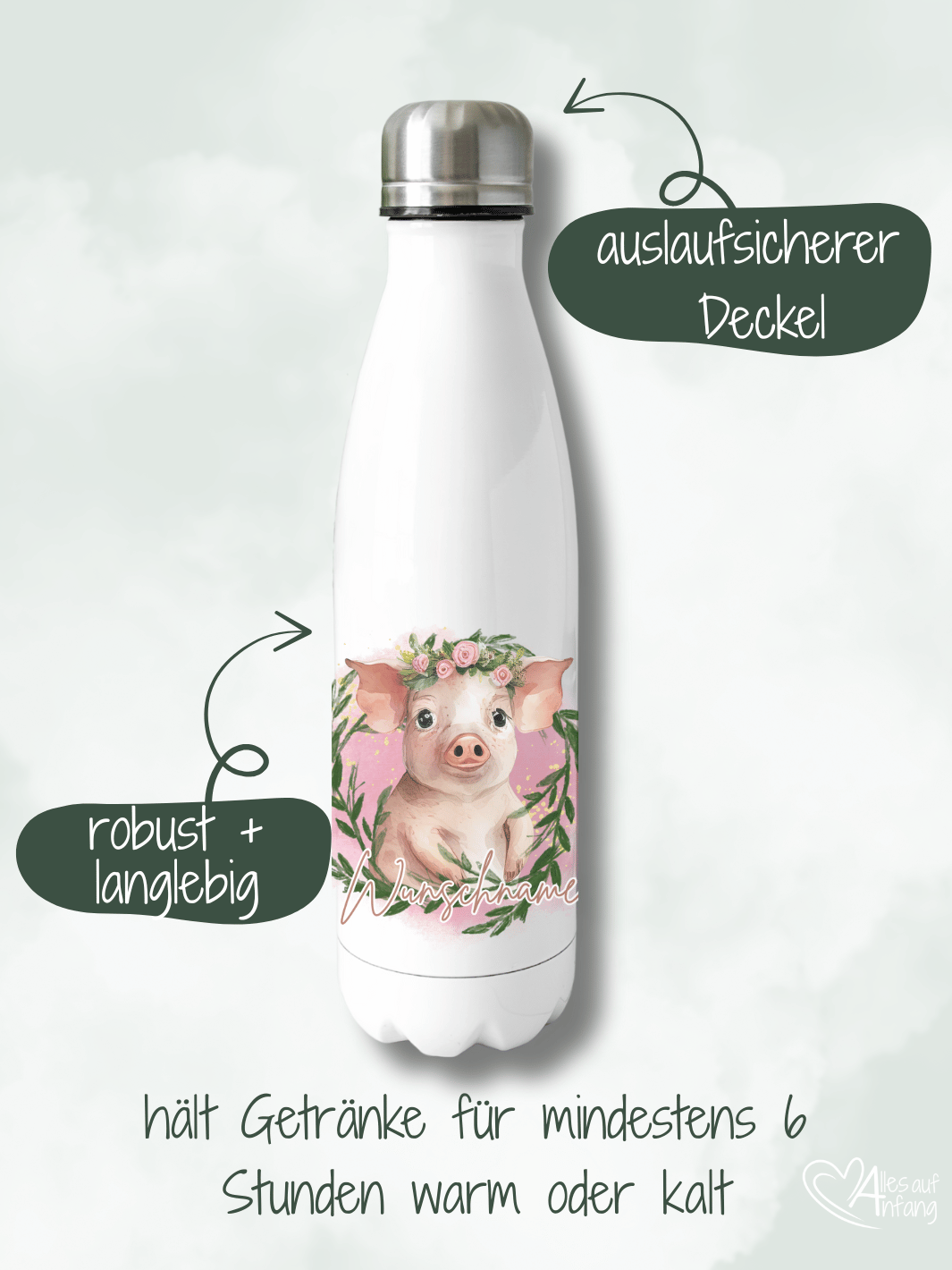 SCHWEINCHEN Trinkflasche - Alles auf Anfang - personalisierte Geschenke für Frauen