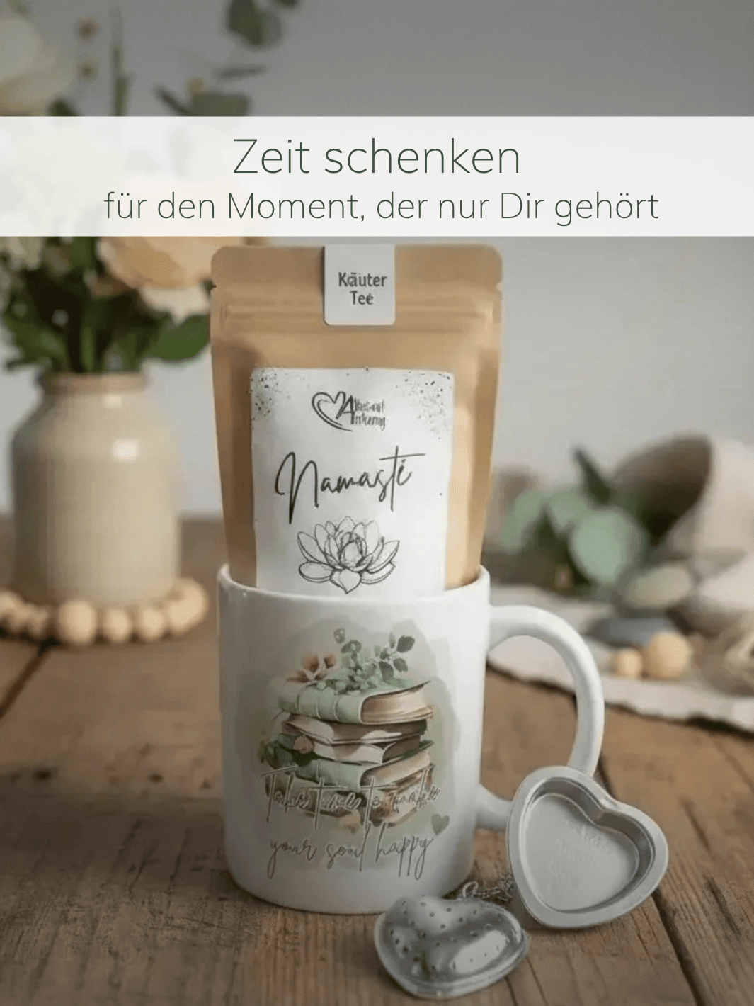 kleines Geschenkset Take Time, bestehend aus Kaffeetasse, Bio-Tee und Teesieb als achtsames Geschenk für Frauen von Alles auf Anfang aus Bedburg, NRW
