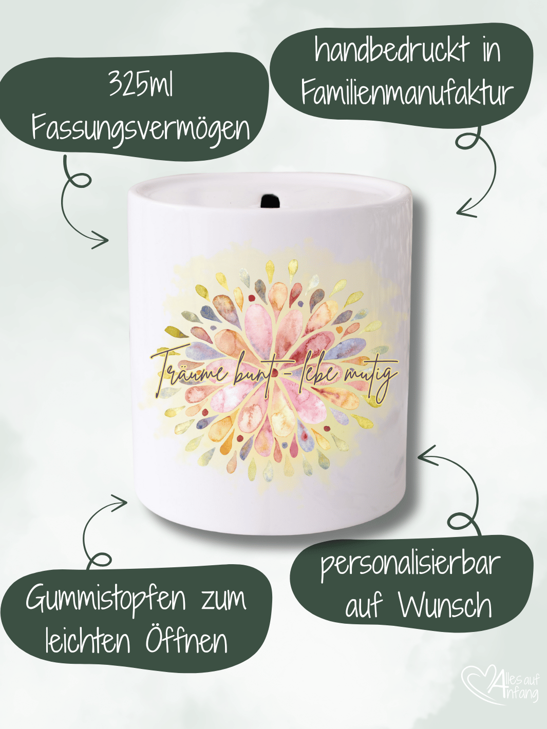 TRÄUME BUNT - LEBE MUTIG Spardose - Alles auf Anfang - personalisierte Geschenke für Frauen