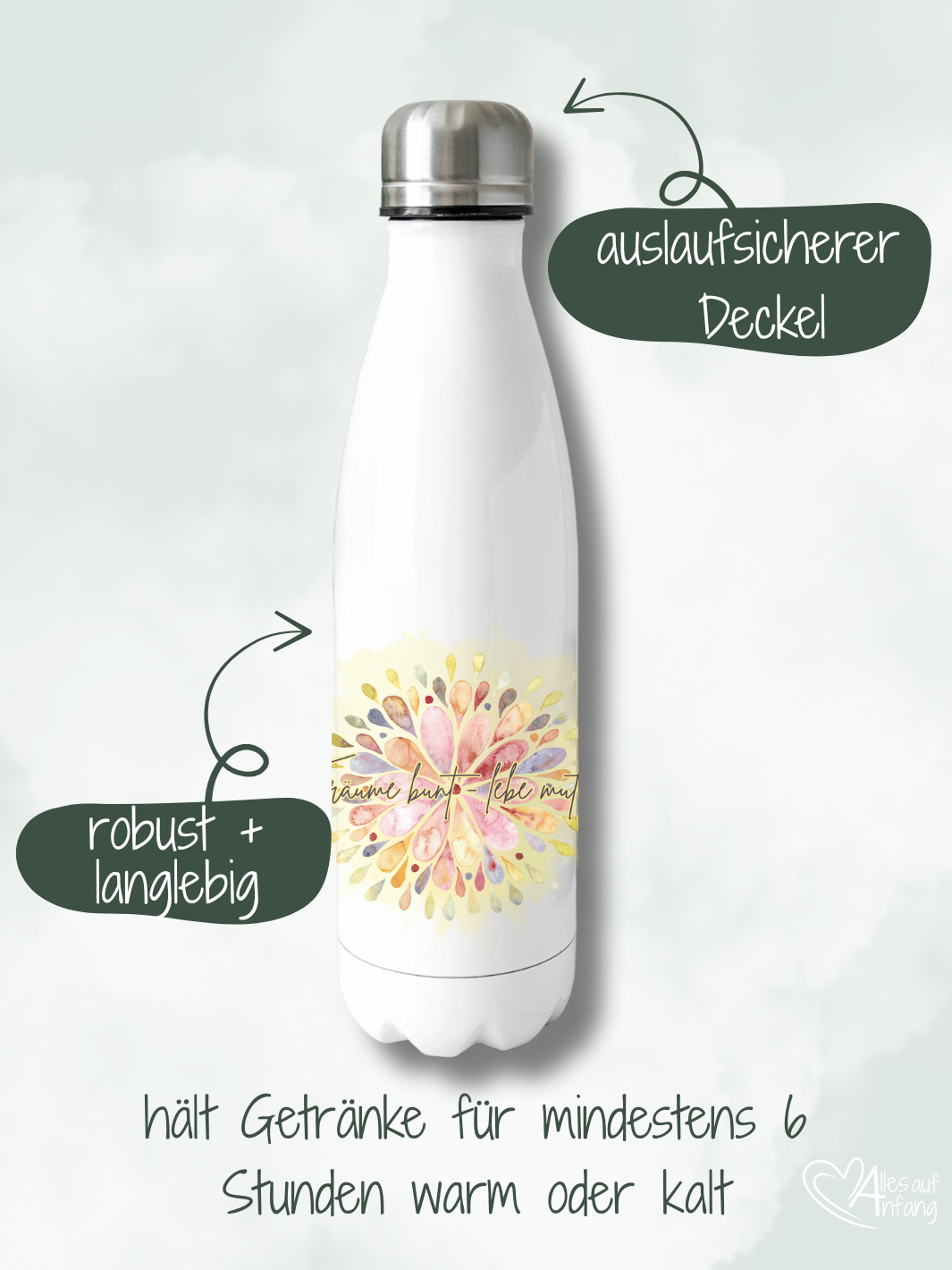 TRÄUME BUNT Trinkflasche - Alles auf Anfang - personalisierte Geschenke für Frauen