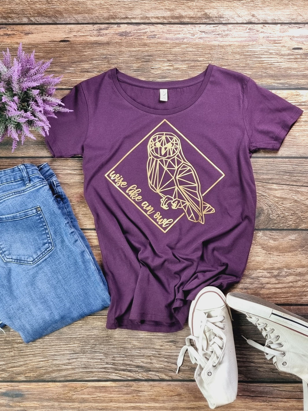 WISE LIKE AN OWL | Damen T-Shirt U-Boot | aubergine | S  (Musterverkauf)