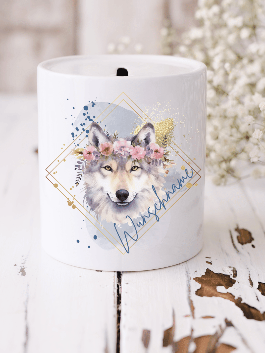 Keramikspardose Wolf personalisiert -achtsame Geschenke für Frauen bei Alles auf Anfang, Bedburg NRW