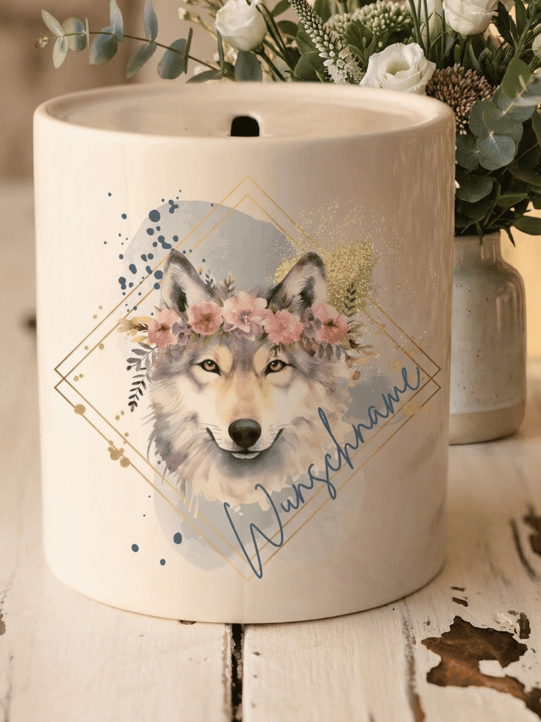 Keramikspardose Wolf personalisiert -achtsame Geschenke für Frauen bei Alles auf Anfang, Bedburg NRW