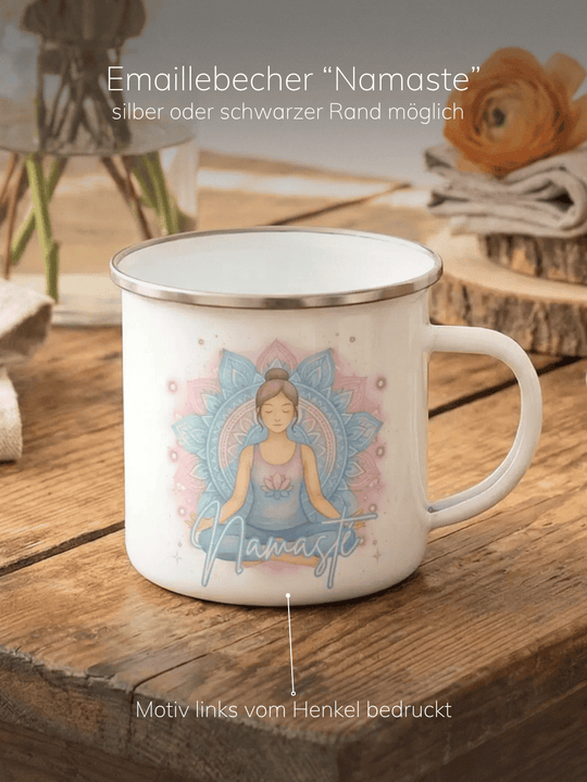 Namaste Emaillebecher Rand silber. Achtsame Geschenke für Frauen bei Alles auf Anfang in Bedburg, NRW