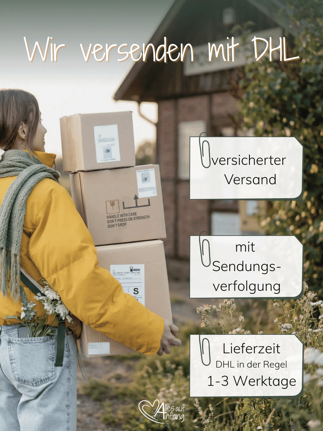 Versand mit DHL versichert bei Alles auf Anfang. Achtsame Geschenke für Frauen in Bedburg, NRW