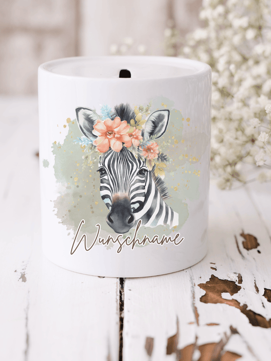 Keramikspardose Zebra personalisiert mit Name - achtsame Geschenke für Frauen bei Alles auf Anfang, Bedburg NRW