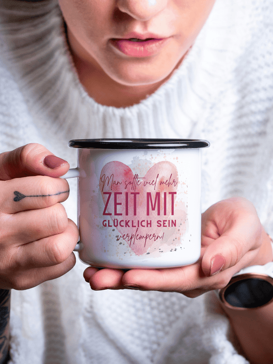 ZEIT ZUM GLÜCKLICH SEIN Emaillebecher - Alles auf Anfang - personalisierte Geschenke für Frauen