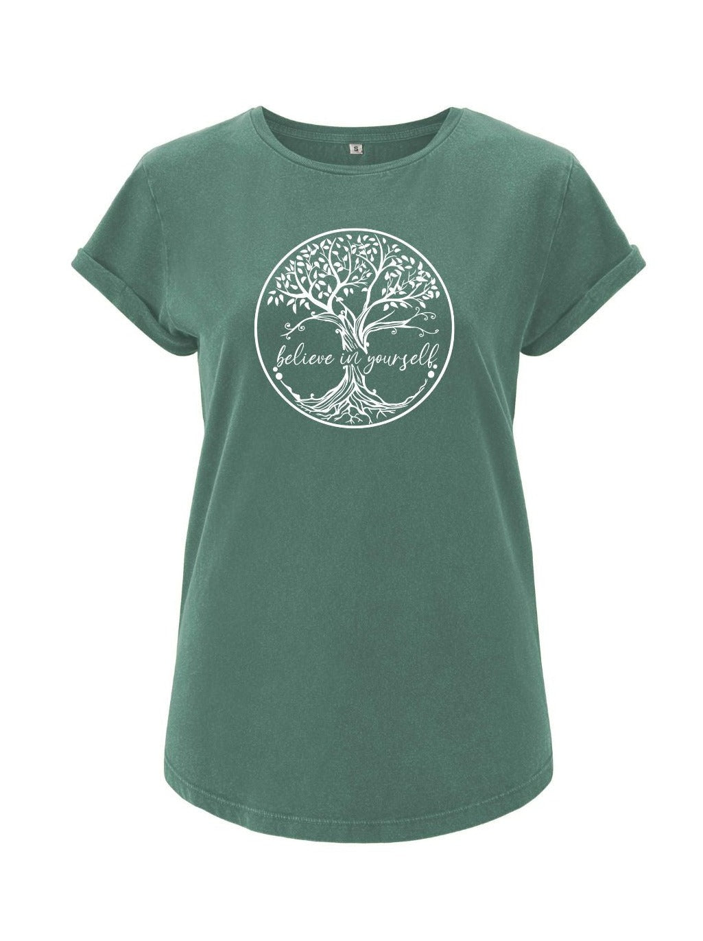 Damen T-Shirt BELIEVE rolled arms sage green