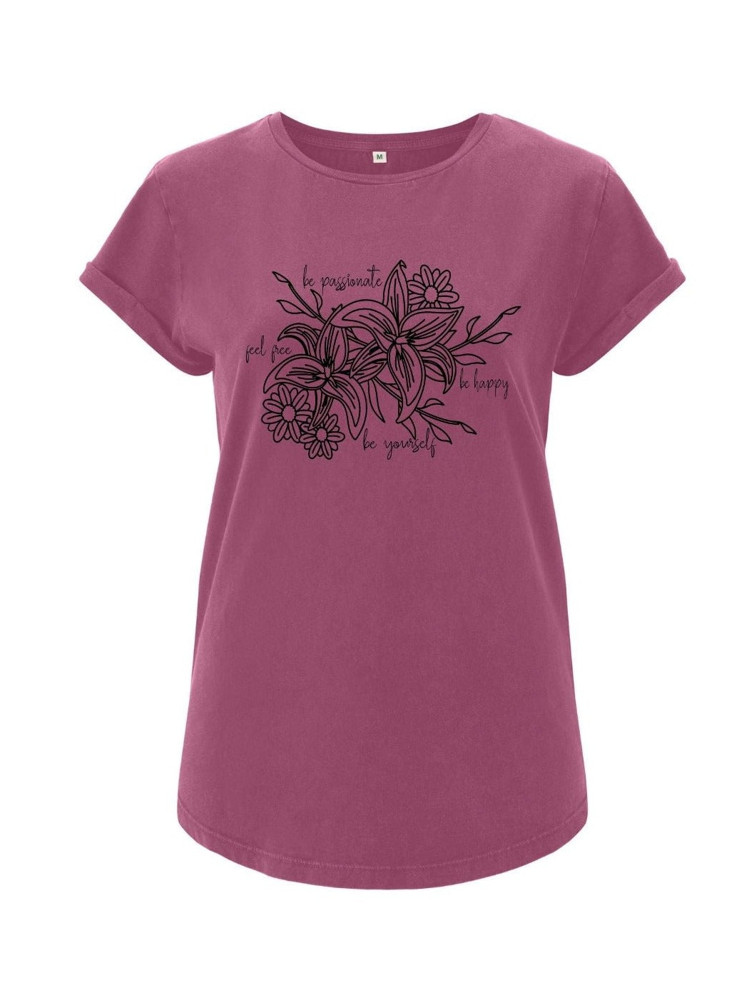 Damen T-Shirt BE YOURSELF rolled arms berry