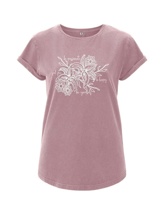 Damen T-Shirt BE YOURSELF rolled arms purple rose