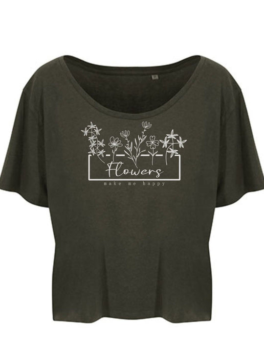 Damen T-Shirt FLOWERS cropped fern green