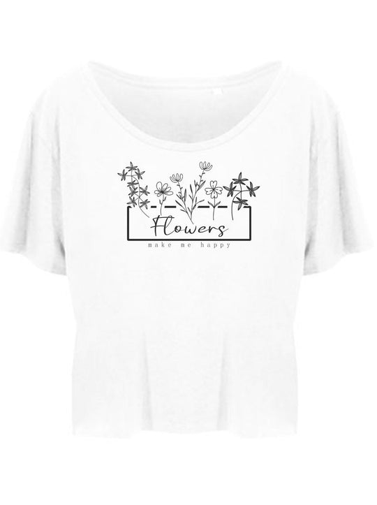 Damen T-Shirt FLOWERS cropped weiß