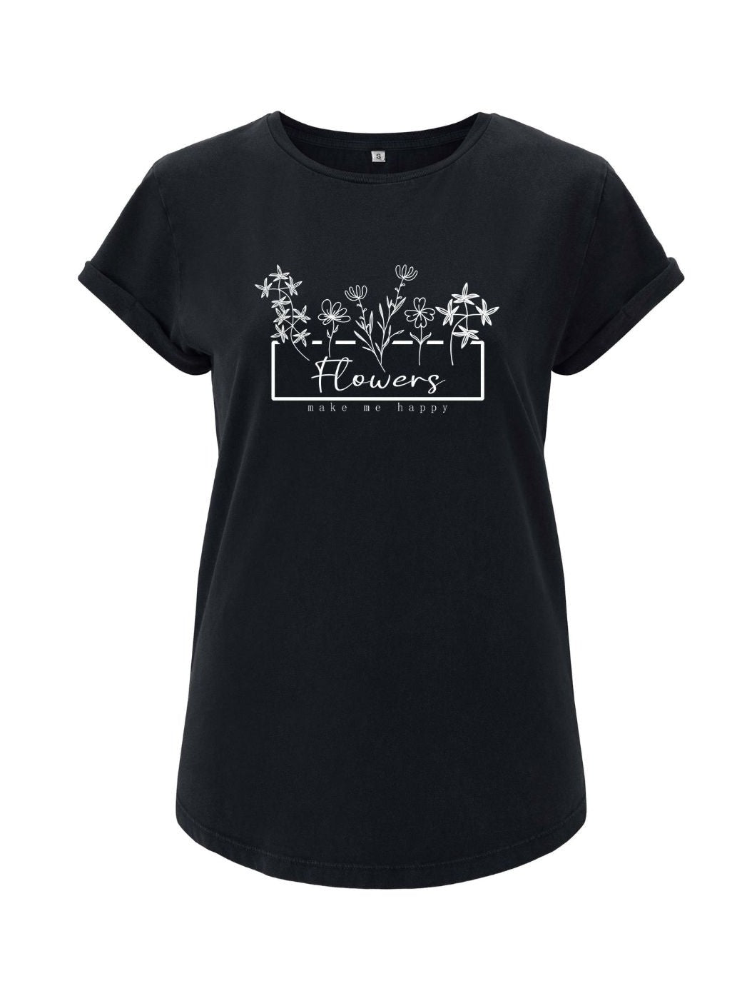 Damen T-Shirt FLOWERS rolles arms schwarz